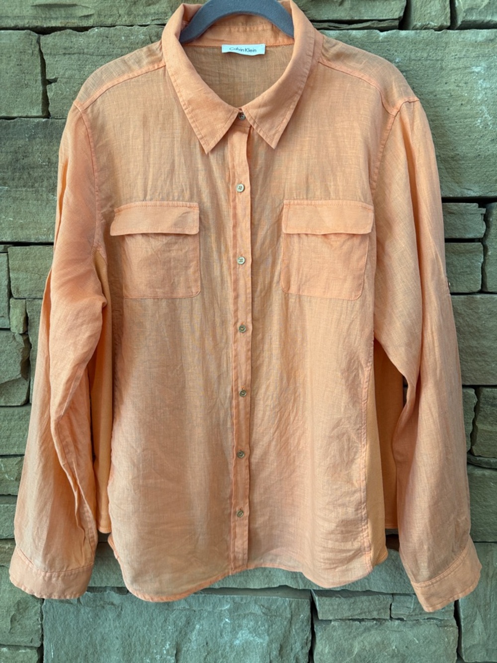 CK Linen & Jersey Side Panel Button-Down Top, Peach Orange, Roll Tab, Normcore